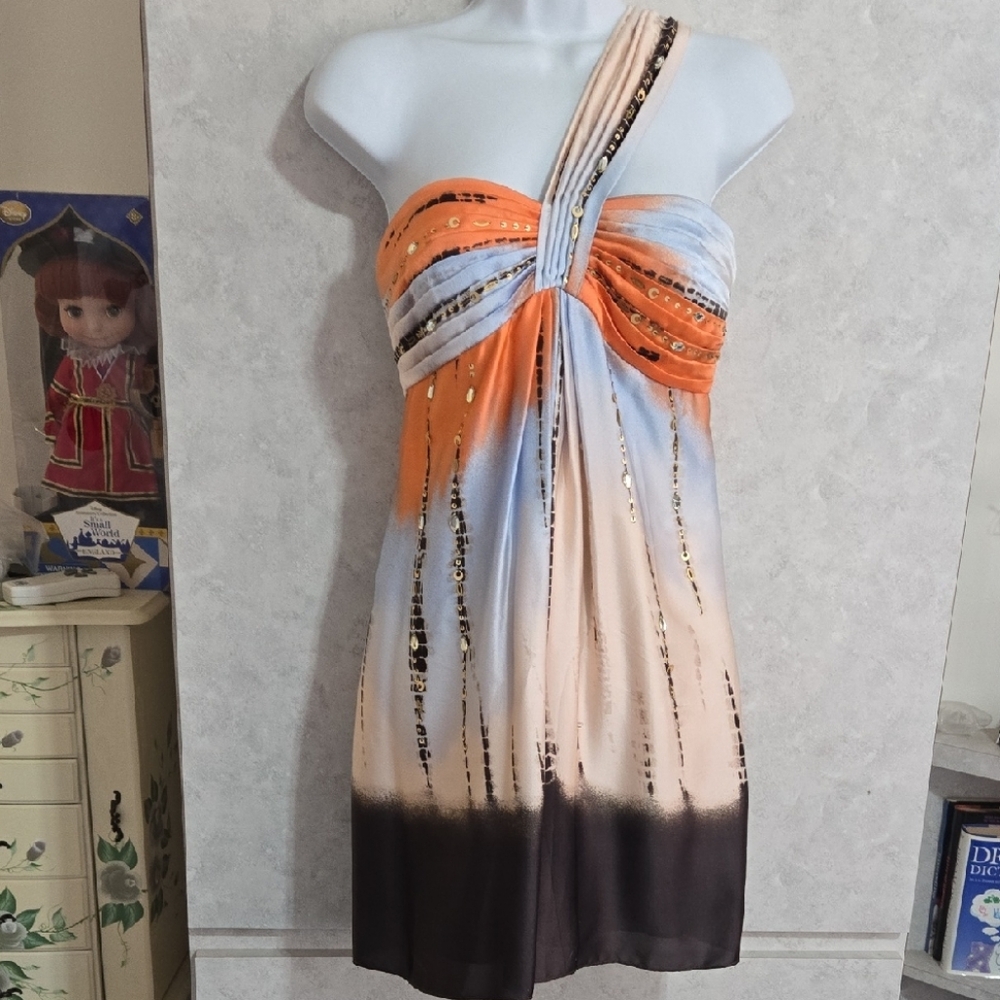 BCBGMaxAzria One-Shoulder Tie-Dye Sequin Dress in Orange, Blue & Cream